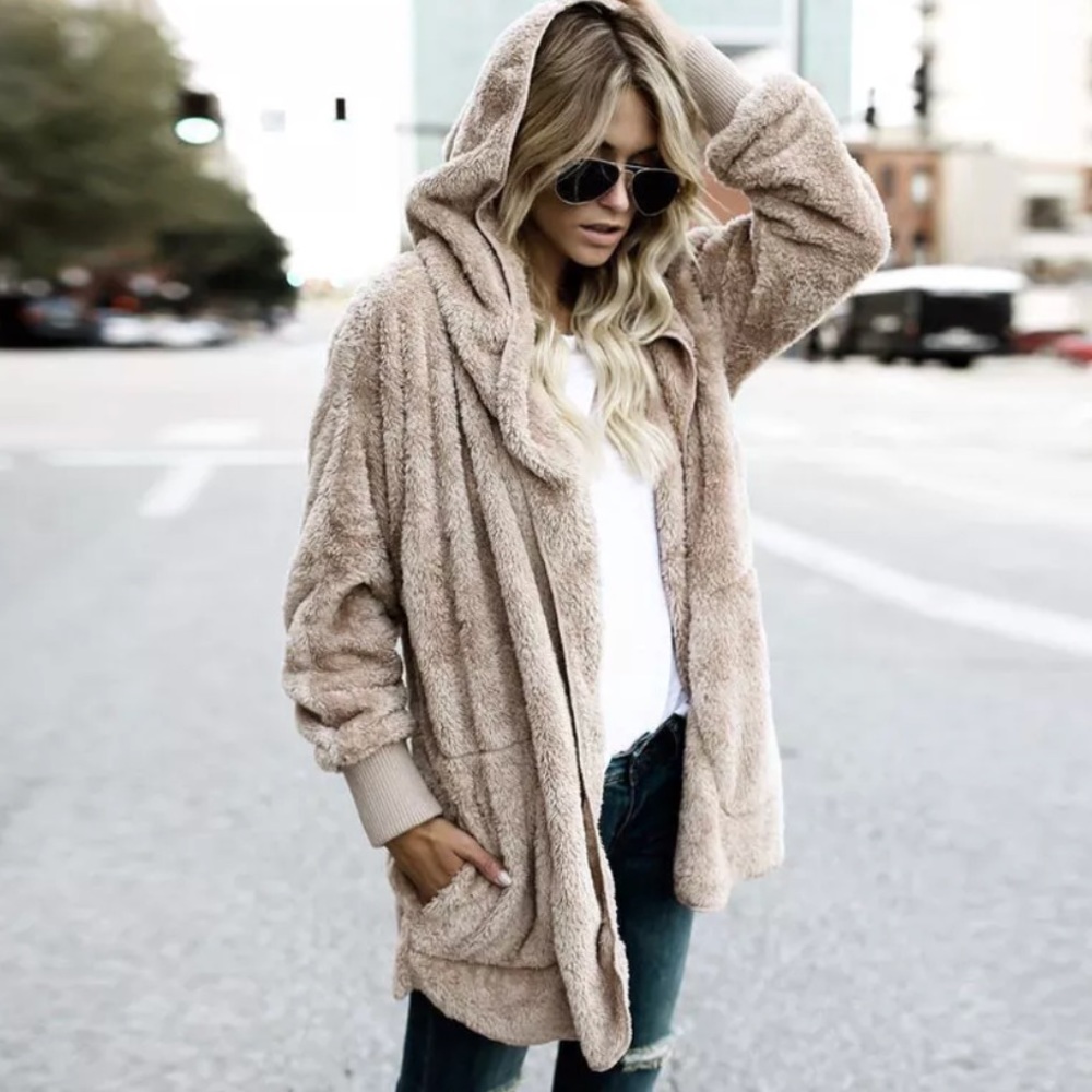 Sherpa cardigan hoodie jacket pockets faux fluffy lounge hooded open front soft